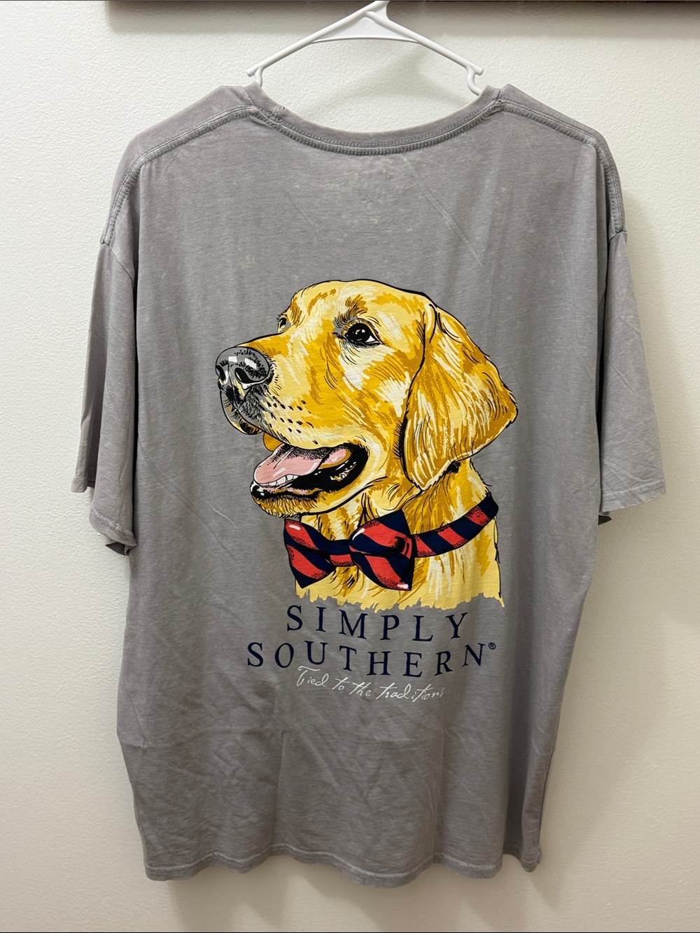 Simply Southern Gray Tee with Yellow Labrador and Red-Blue Bow